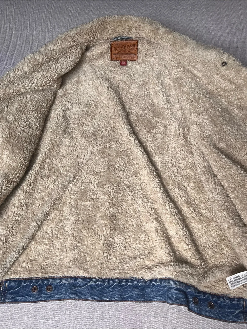 Distressed Lucky Brand Light Blue Denim Sherpa Lined Trucker Jacket
